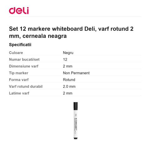Set 12 markere whiteboard Deli, varf rotund 2 mm, cerneala neagra [2]