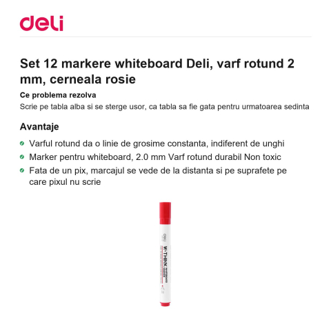 Set 12 markere whiteboard Deli, varf rotund 2 mm, cerneala rosie [1]