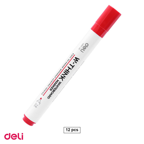 Marker pentru tabla de scris - Set 12 markere whiteboard Deli, varf rotund 2 mm, cerneala rosie