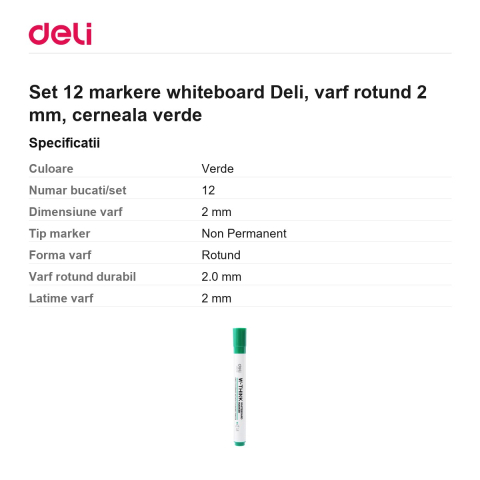 Set 12 markere whiteboard Deli, varf rotund 2 mm, cerneala verde [2]