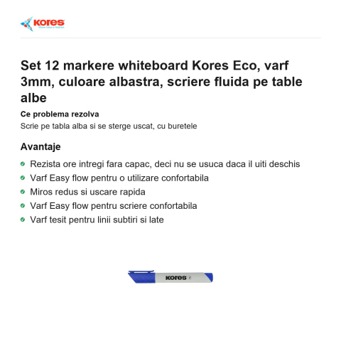 Set 12 markere whiteboard Kores Eco, varf 3mm, culoare albastra, scriere fluida pe table albe [1]