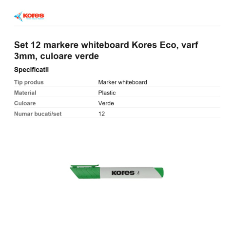 Set 12 markere whiteboard Kores Eco, varf 3mm, culoare verde [2]