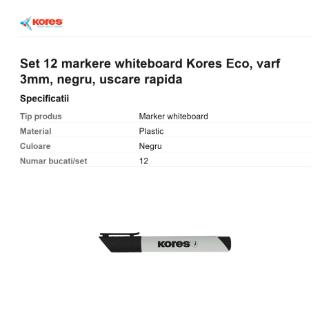 Set 12 markere whiteboard Kores Eco, varf 3mm, negru, uscare rapida [2]