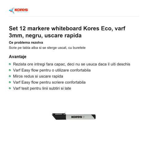 Set 12 markere whiteboard Kores Eco, varf 3mm, negru, uscare rapida [1]