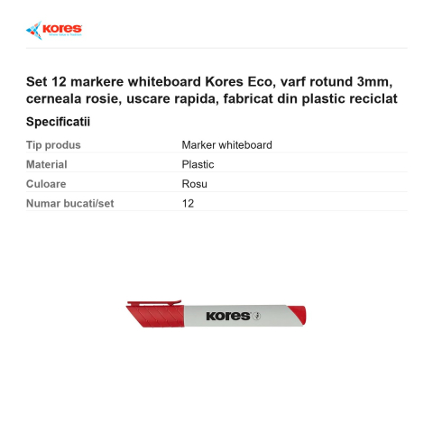 Set 12 markere whiteboard Kores Eco, varf rotund 3mm, cerneala rosie, uscare rapida, fabricat din plastic reciclat [2]