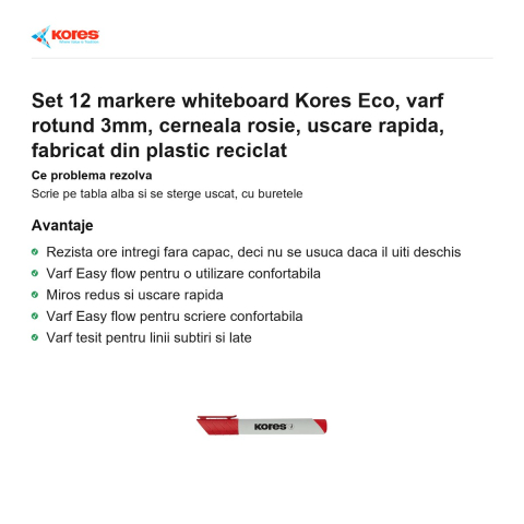 Set 12 markere whiteboard Kores Eco, varf rotund 3mm, cerneala rosie, uscare rapida, fabricat din plastic reciclat [1]