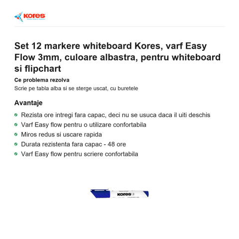 Set 12 markere whiteboard Kores, varf Easy Flow 3mm, culoare albastra, pentru whiteboard si flipchart [1]