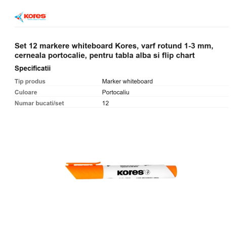 Set 12 markere whiteboard Kores, varf rotund 1-3 mm, cerneala portocalie, pentru tabla alba si flip chart [2]
