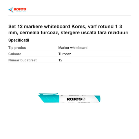 Set 12 markere whiteboard Kores, varf rotund 1-3 mm, cerneala turcoaz, stergere uscata fara reziduuri [2]