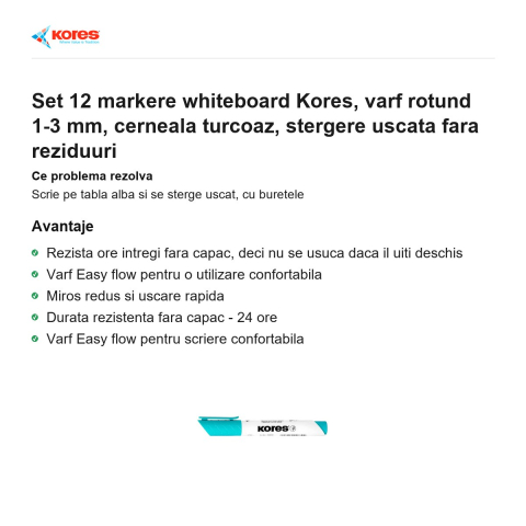 Set 12 markere whiteboard Kores, varf rotund 1-3 mm, cerneala turcoaz, stergere uscata fara reziduuri [1]