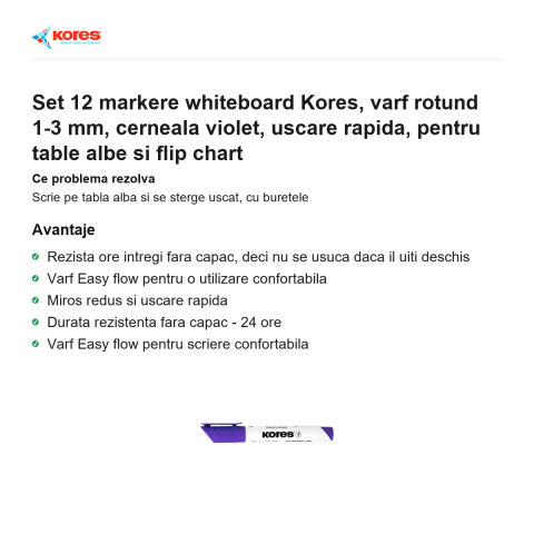 Set 12 markere whiteboard Kores, varf rotund 1-3 mm, cerneala violet, uscare rapida, pentru table albe si flip chart [1]