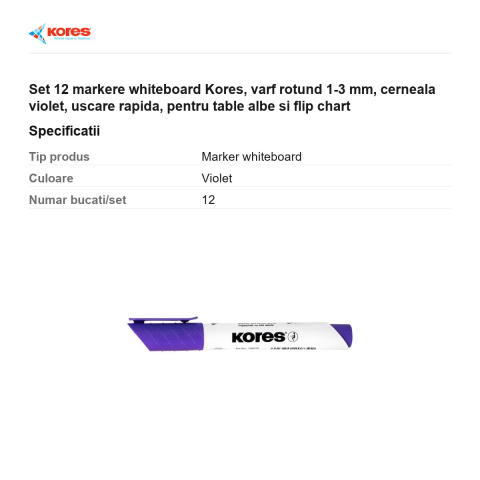 Set 12 markere whiteboard Kores, varf rotund 1-3 mm, cerneala violet, uscare rapida, pentru table albe si flip chart [2]