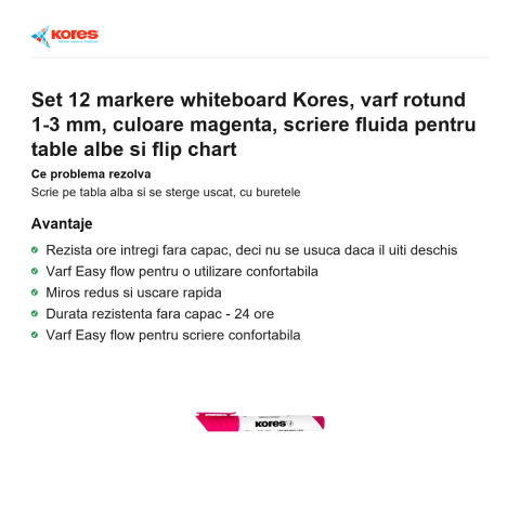 Set 12 markere whiteboard Kores, varf rotund 1-3 mm, culoare magenta, scriere fluida pentru table albe si flip chart [1]