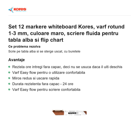 Set 12 markere whiteboard Kores, varf rotund 1-3 mm, culoare maro, scriere fluida pentru tabla alba si flip chart [1]