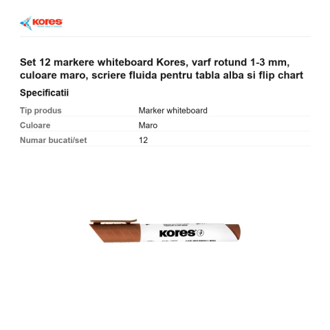 Set 12 markere whiteboard Kores, varf rotund 1-3 mm, culoare maro, scriere fluida pentru tabla alba si flip chart [2]