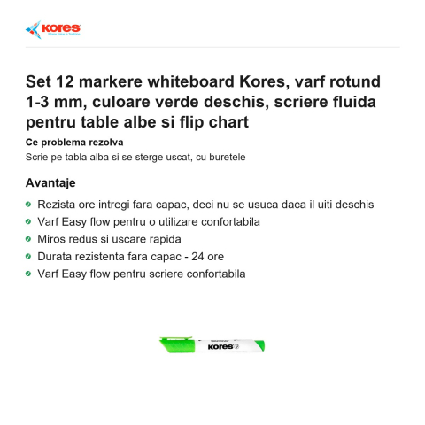 Set 12 markere whiteboard Kores, varf rotund 1-3 mm, culoare verde deschis, scriere fluida pentru table albe si flip chart [1]