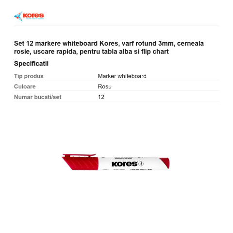 Set 12 markere whiteboard Kores, varf rotund 3mm, cerneala rosie, uscare rapida, pentru tabla alba si flip chart [2]
