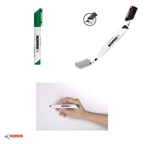 Set 12 markere whiteboard Kores, varf rotund 3mm, cerneala verde, stergere uscata fara reziduuri [3]