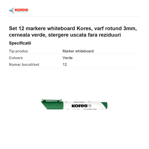 Set 12 markere whiteboard Kores, varf rotund 3mm, cerneala verde, stergere uscata fara reziduuri [2]