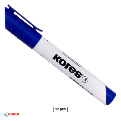 Accesorii prezentare - Set 12 markere whiteboard Kores, varf tesit, cerneala albastra cu uscare rapida, pentru whiteboard si flipchart