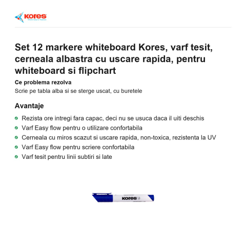 Set 12 markere whiteboard Kores, varf tesit, cerneala albastra cu uscare rapida, pentru whiteboard si flipchart [1]