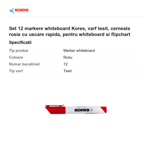 Set 12 markere whiteboard Kores, varf tesit, cerneala rosie cu uscare rapida, pentru whiteboard si flipchart [2]