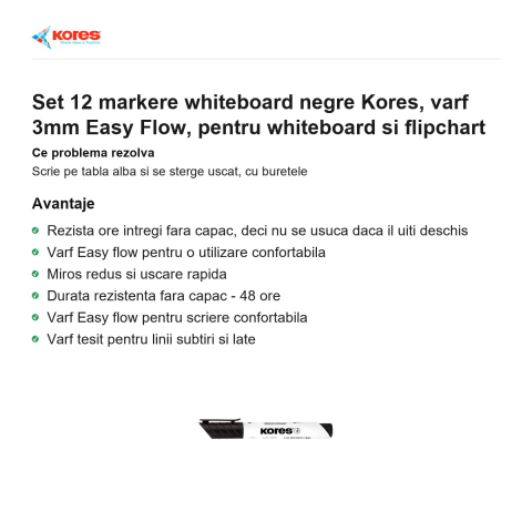 Set 12 markere whiteboard negre Kores, varf 3mm Easy Flow, pentru whiteboard si flipchart [1]