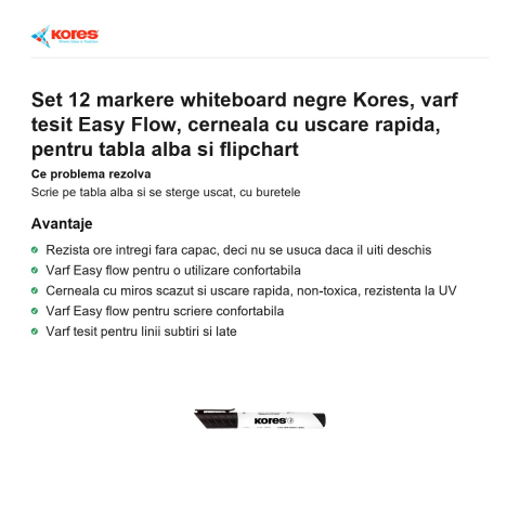 Set 12 markere whiteboard negre Kores, varf tesit Easy Flow, cerneala cu uscare rapida, pentru tabla alba si flipchart [1]