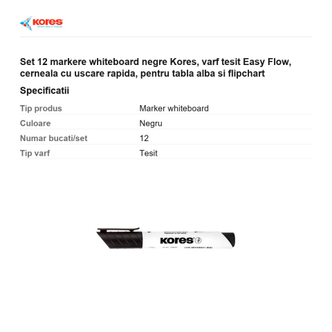Set 12 markere whiteboard negre Kores, varf tesit Easy Flow, cerneala cu uscare rapida, pentru tabla alba si flipchart [2]