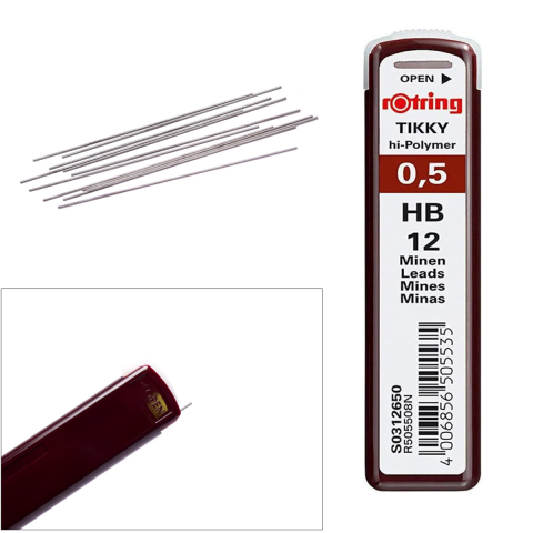 Set 12 mine creion 0.5mm HB cu Rezistenta Extra la Rupere, pentru Desen Tehnic si Scriere Precisa, in Etui Protector Rotring [2]