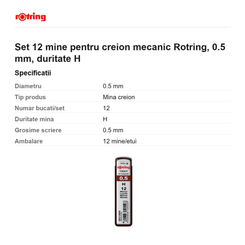 Set 12 mine pentru creion mecanic Rotring, 0.5 mm, duritate H [2]
