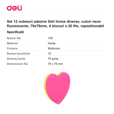 Set 12 notesuri adezive Deli forme diverse, culori neon fluorescente, 76x76mm, 4 blocuri x 20 file, repozitionabil [2]