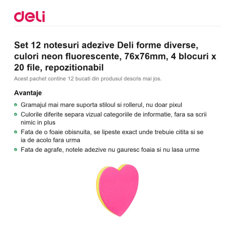 Set 12 notesuri adezive Deli forme diverse, culori neon fluorescente, 76x76mm, 4 blocuri x 20 file, repozitionabil [1]