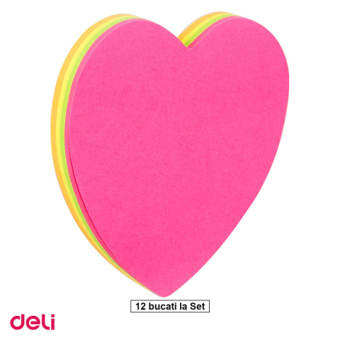Cuburi hartie si note adezive - Set 12 notesuri adezive Deli forme diverse, culori neon fluorescente, 76x76mm, 4 blocuri x 20 file, repozitionabil