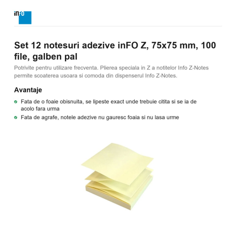 Set 12 notesuri adezive inFO Z, 75x75 mm, 100 file, galben pal [1]