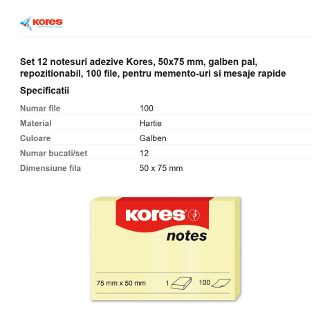 Set 12 notesuri adezive Kores, 50x75 mm, galben pal, repozitionabil, 100 file, pentru memento-uri si mesaje rapide [2]