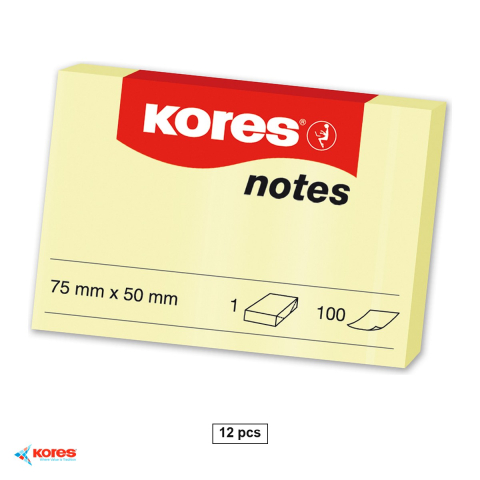 Birotica papetarie - Set 12 notesuri adezive Kores, 50x75 mm, galben pal, repozitionabil, 100 file, pentru memento-uri si mesaje rapide