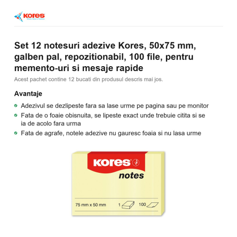 Set 12 notesuri adezive Kores, 50x75 mm, galben pal, repozitionabil, 100 file, pentru memento-uri si mesaje rapide [1]