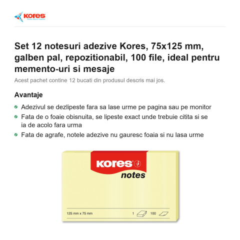 Set 12 notesuri adezive Kores, 75x125 mm, galben pal, repozitionabil, 100 file, ideal pentru memento-uri si mesaje [1]