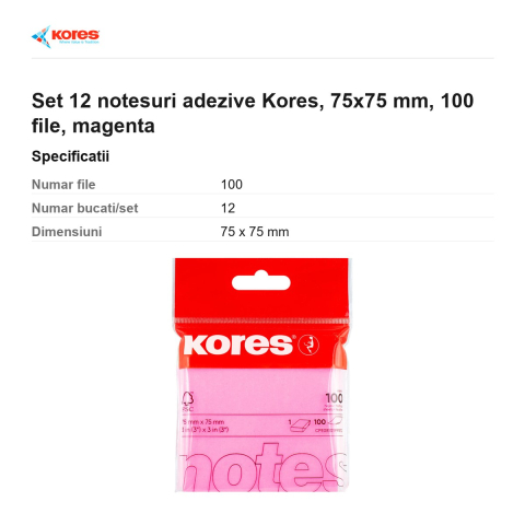 Set 12 notesuri adezive Kores, 75x75 mm, 100 file, magenta [2]