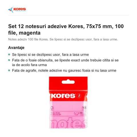 Set 12 notesuri adezive Kores, 75x75 mm, 100 file, magenta [1]