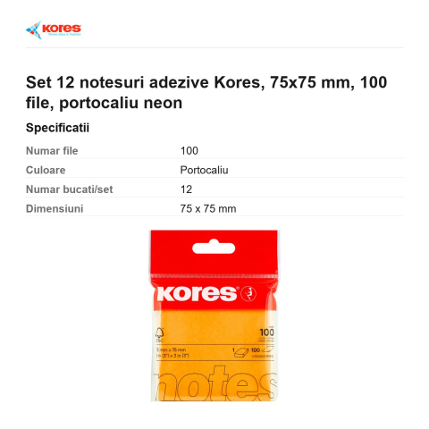 Set 12 notesuri adezive Kores, 75x75 mm, 100 file, portocaliu neon [2]