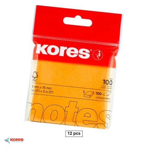 Organizare si arhivare - Set 12 notesuri adezive Kores, 75x75 mm, 100 file, portocaliu neon