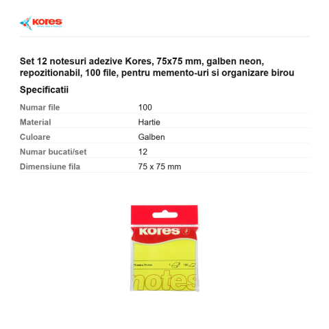 Set 12 notesuri adezive Kores, 75x75 mm, galben neon, repozitionabil, 100 file, pentru memento-uri si organizare birou [2]