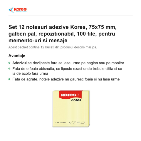 Set 12 notesuri adezive Kores, 75x75 mm, galben pal, repozitionabil, 100 file, pentru memento-uri si mesaje [1]