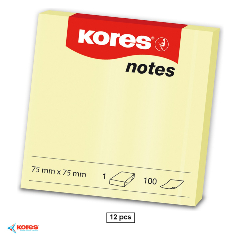 Birotica papetarie - Set 12 notesuri adezive Kores, 75x75 mm, galben pal, repozitionabil, 100 file, pentru memento-uri si mesaje