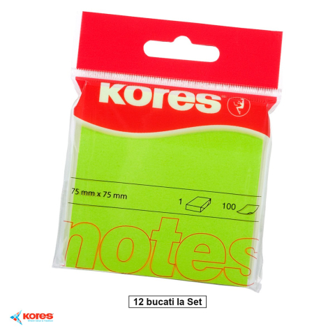 Birotica papetarie - Set 12 notesuri adezive Kores, 75x75 mm, verde neon, 100 file, repozitionabil, pentru memento-uri si mesaje