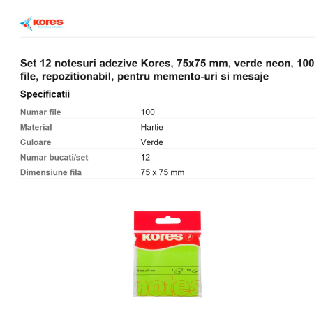 Set 12 notesuri adezive Kores, 75x75 mm, verde neon, 100 file, repozitionabil, pentru memento-uri si mesaje [2]
