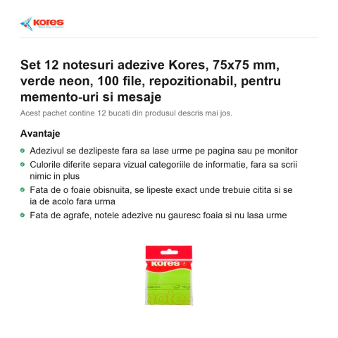 Set 12 notesuri adezive Kores, 75x75 mm, verde neon, 100 file, repozitionabil, pentru memento-uri si mesaje [1]