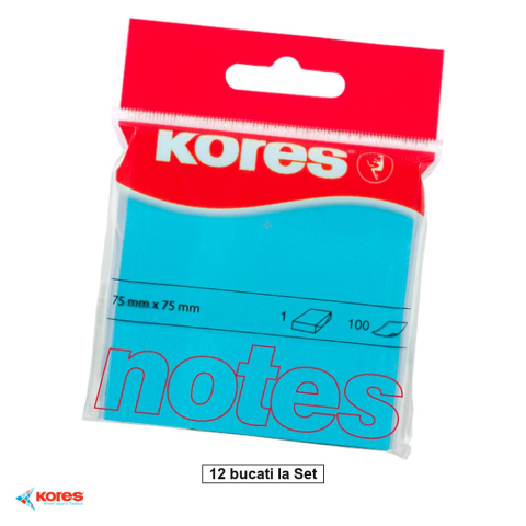 Birotica papetarie - Set 12 notesuri adezive Kores, culoare albastru neon, 75x75 mm, 100 file repozitionabile, pentru memento-uri si organizare birou